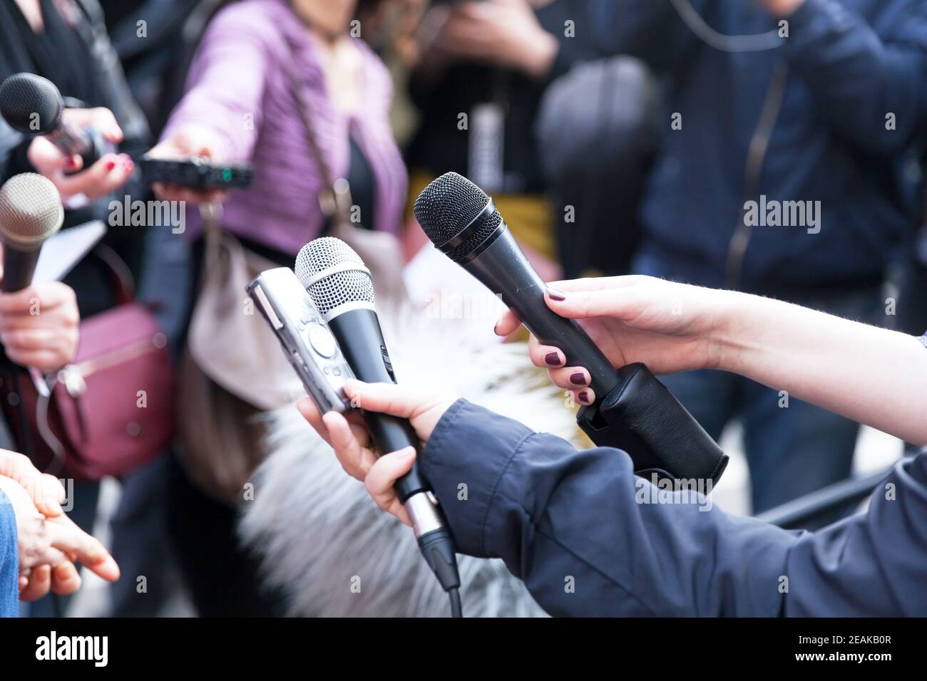 Giornalisti che tengono microfoni alla conferenza stampa Foto Stock