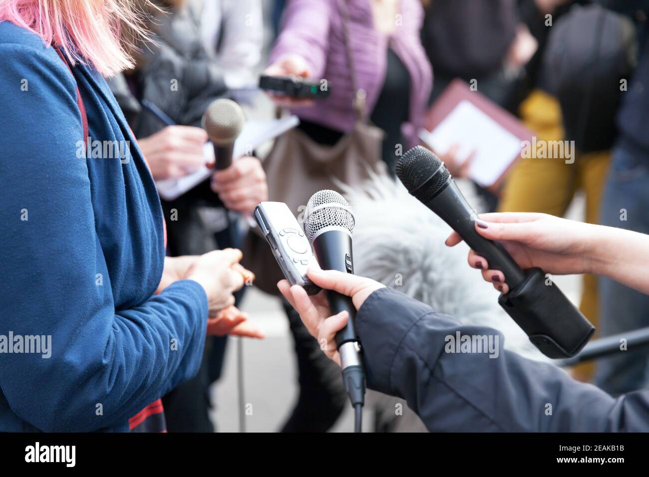 Figura pubblica che parla con i media, giornalisti che tengono microfoni alla conferenza stampa Foto Stock