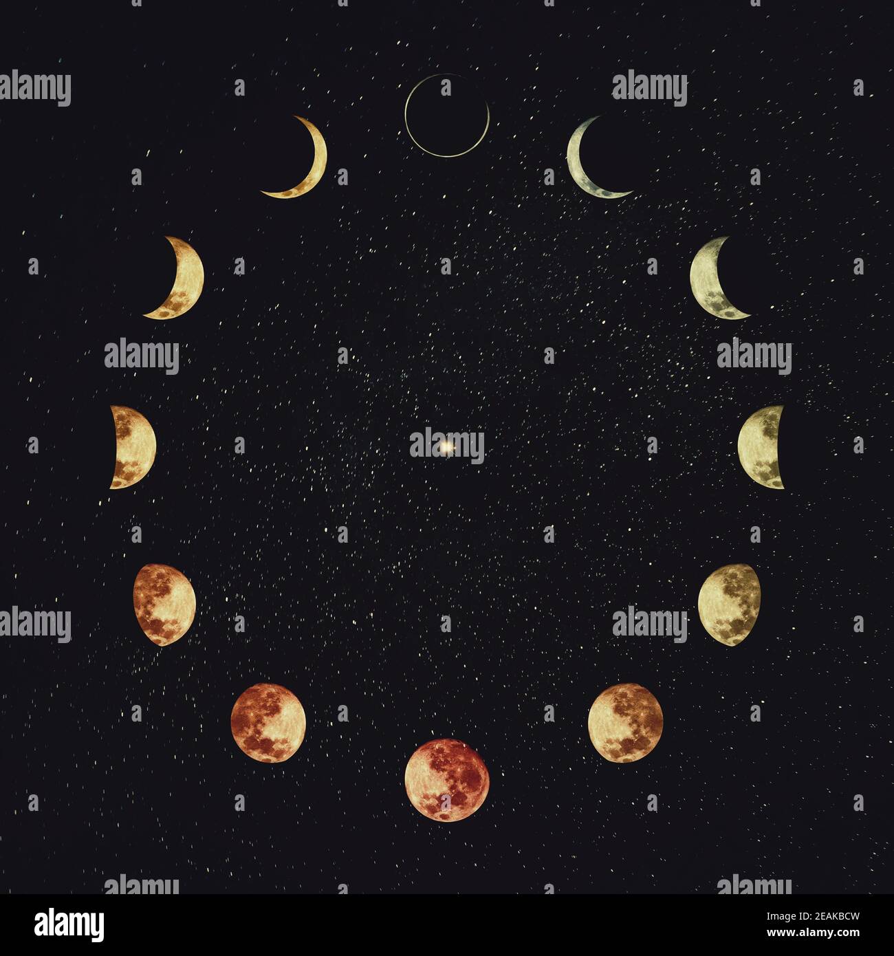 Fasi lunari sullo sfondo stellato del cielo notturno. Astronomia e astrologia scena concettuale. Segni celesti magici esoterici, calendario annuale lunare, simbolo per 12 mesi, o orbita a forma di orologio minimalista Foto Stock