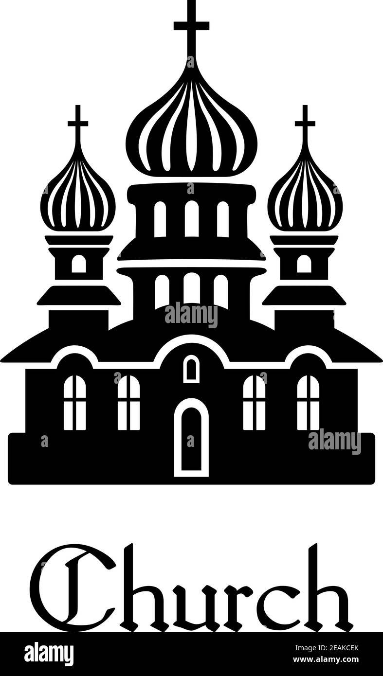 Silhouette bianca e nera icona della Chiesa con cupole a forma di cipolla e una croce in un concetto religioso Illustrazione Vettoriale