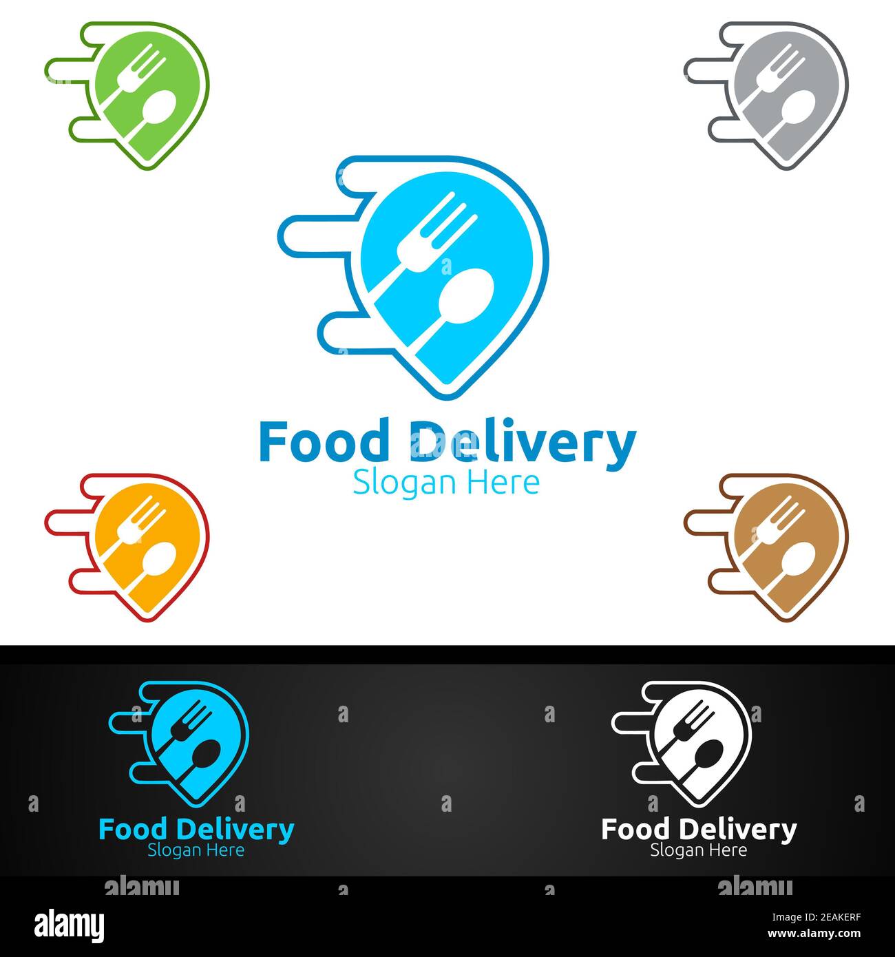 Logo del servizio di consegna fast food per la consegna al ristorante, al caffè o online Foto Stock