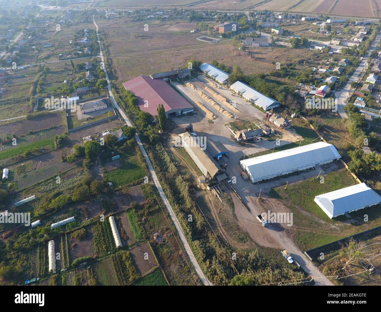 Hangar per deposito di grano. Una piattaforma per l'essiccazione e la sinterizzazione del grano. Grano raccolto Foto Stock
