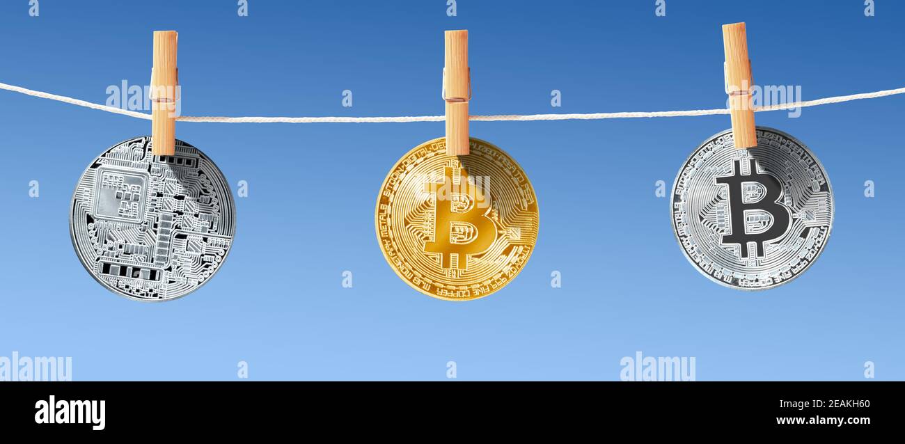 Riciclaggio virtuale di bitcoin di criptovaluta. Tecnologia Blockchain. Foto Stock