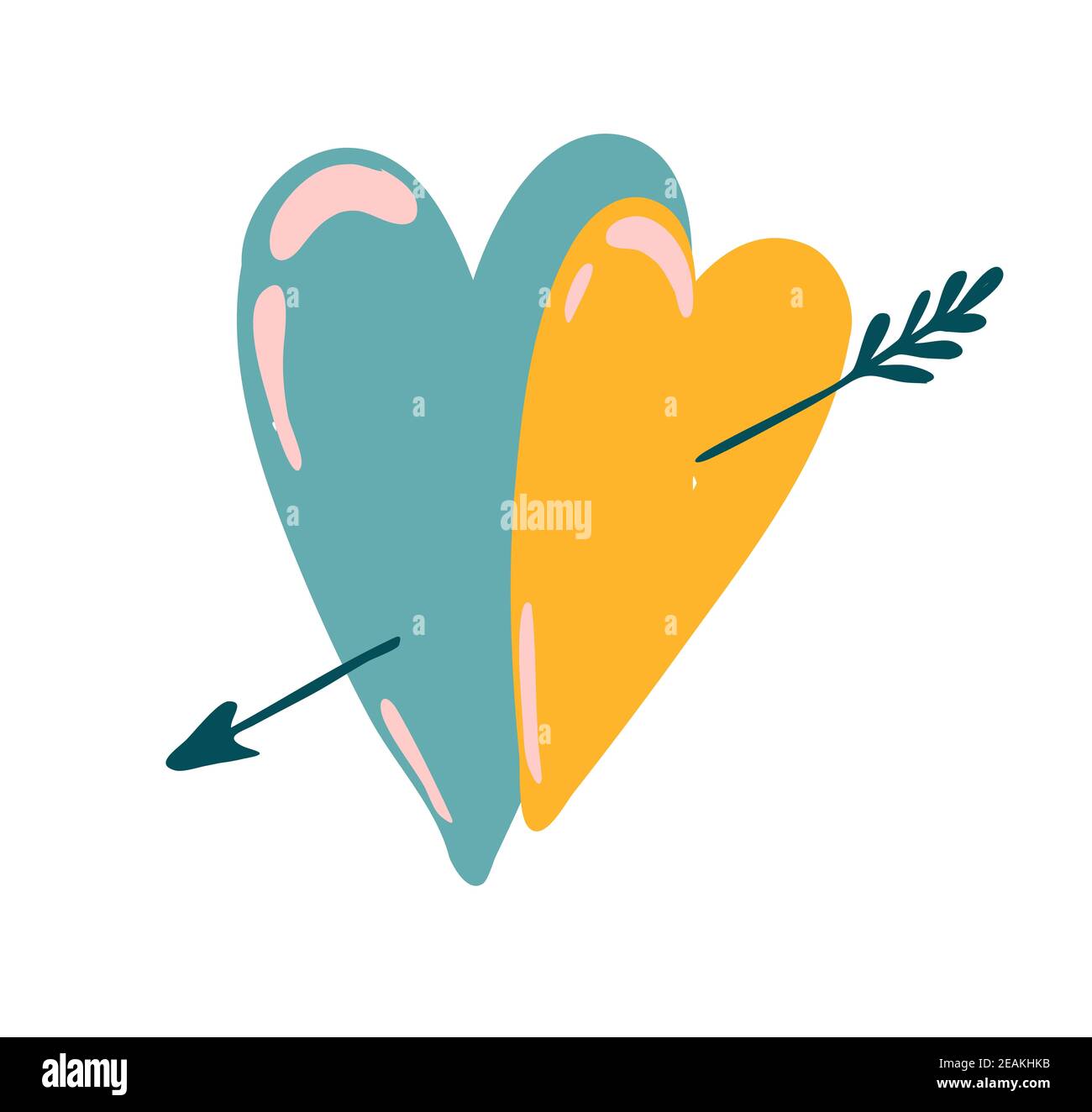 Due cuori trafitti da una freccia. Concetto di amore e amicizia. Cuori su sfondo bianco. Coppia Foto Stock