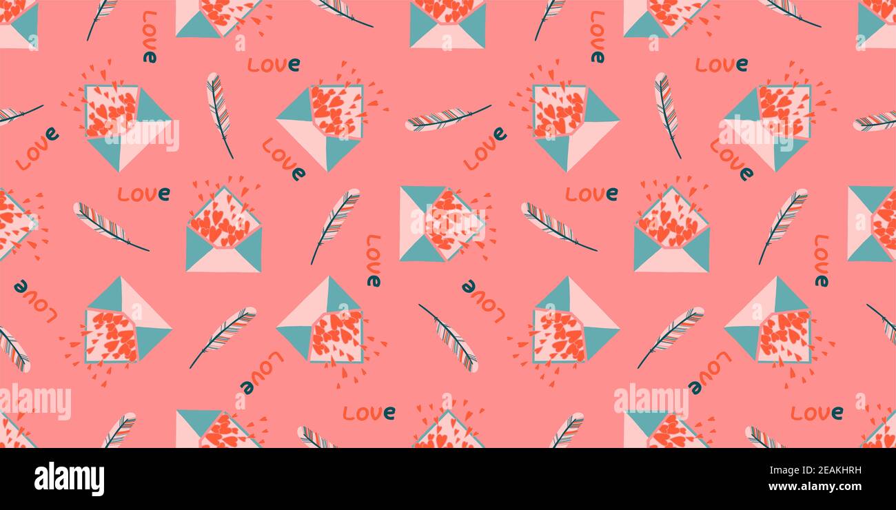 Un poster per gli amanti. Motivo senza cuciture rosa primavera. San Valentino concept.Envelope con cuori. Messaggio d'amore Foto Stock