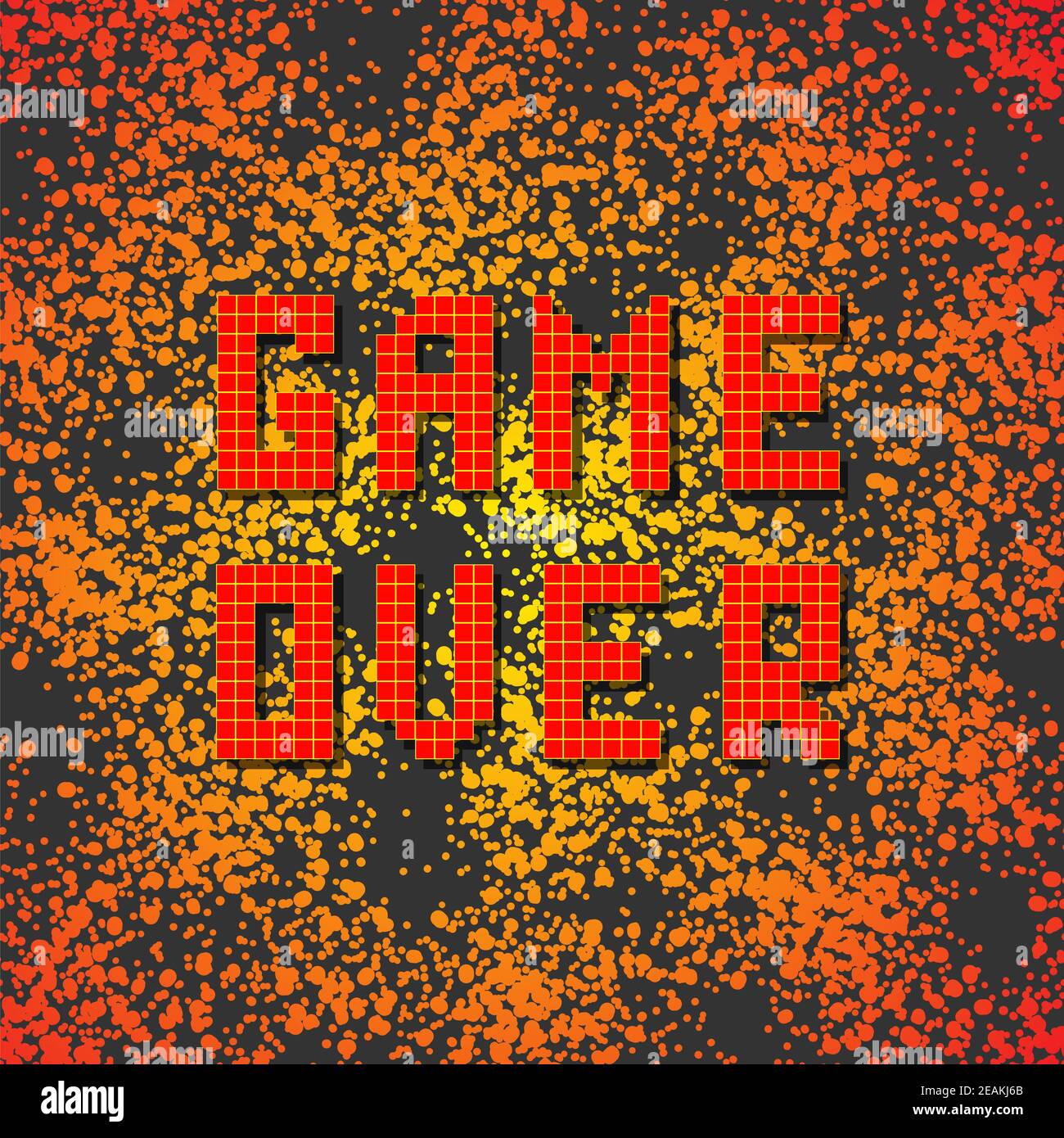 Segno di Game Over retro con gocce rosse su sfondo scuro. Concetto di gioco. Schermata Video Game (gioco video) Foto Stock