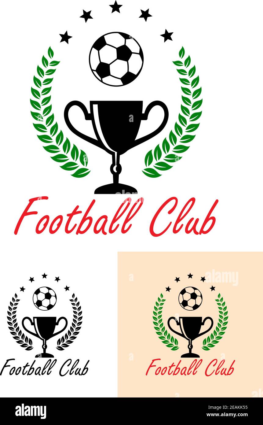Emblema o icona del Campionato del Football Club con una corona fogliata racchiudere un trofeo e un calcio sotto un arco di cinque stelle con il testo al piede o Illustrazione Vettoriale