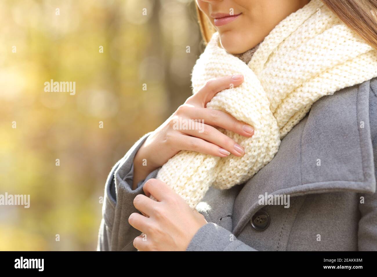 Le mani della donna che mettono su una sciarpa in un parco dentro inverno Foto Stock