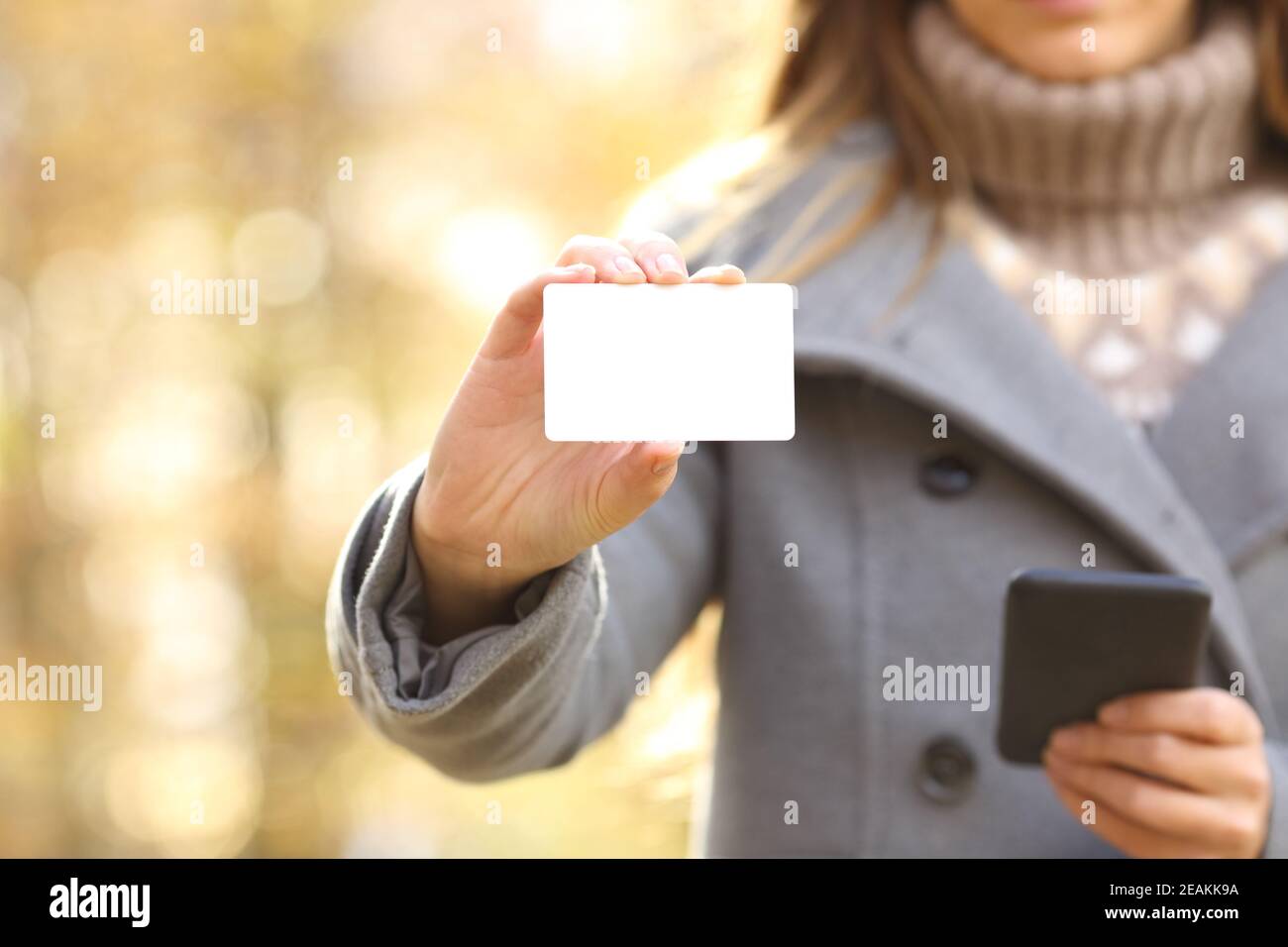 Donna mani che tengono il telefono e mostrando la carta di credito in autunno Foto Stock