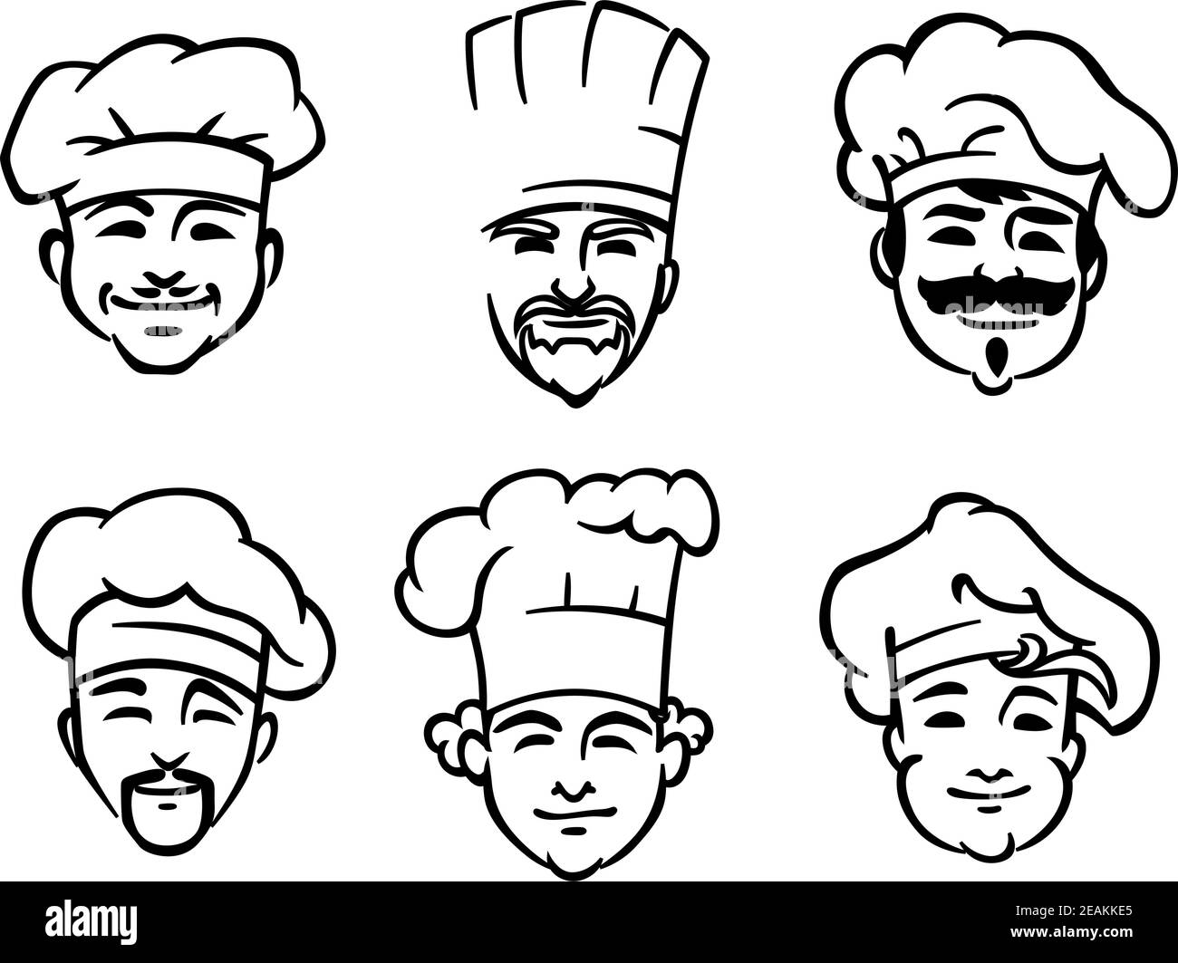 Set di sei diversi chef di bozzetti in bianco e nero o cuoce le teste con i volti sorridenti che indossano il bianco tradizionale cappello o toque Illustrazione Vettoriale