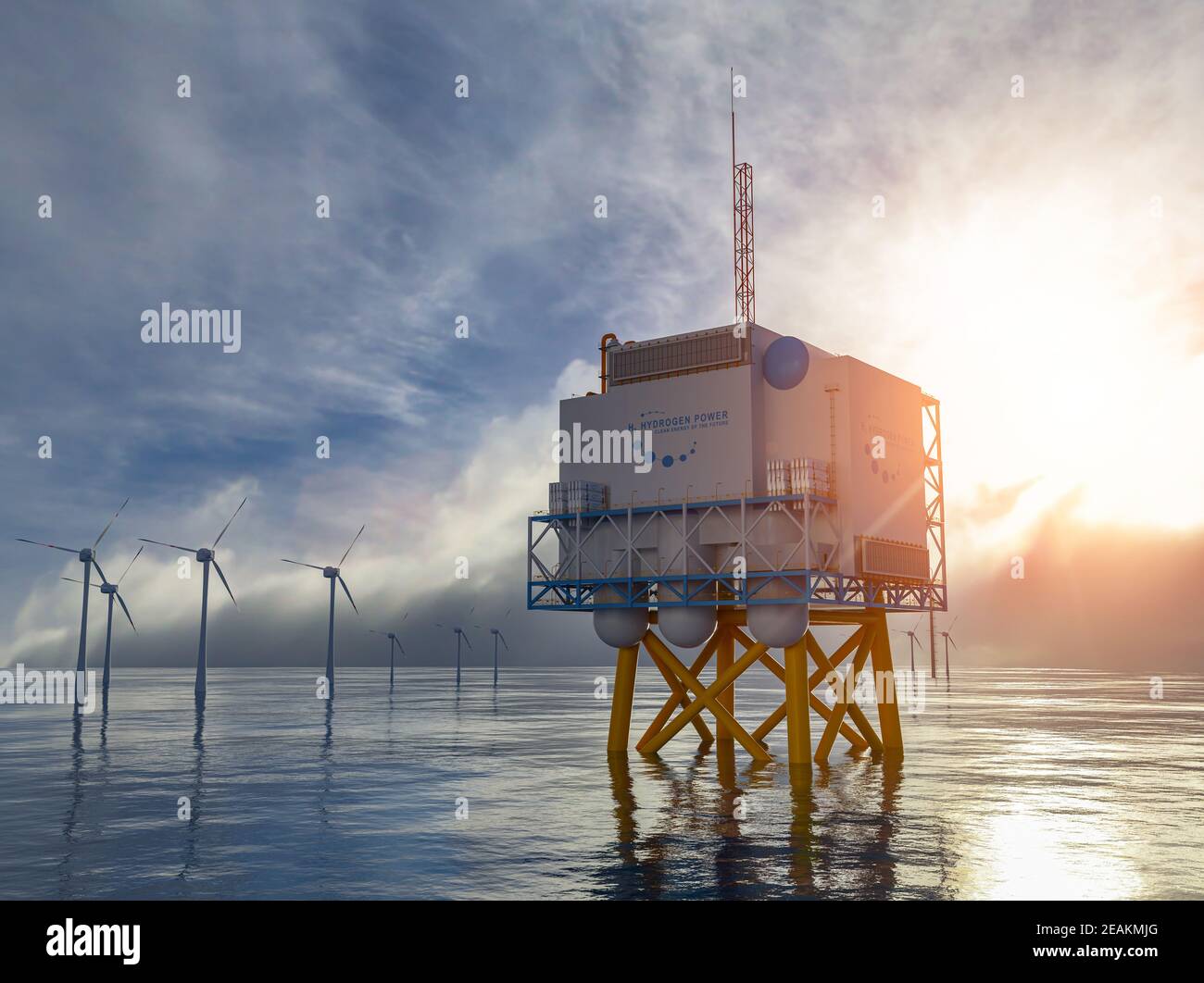 Produzione di energia rinnovabile idrogeno - gas idrogeno per energia elettrica pulita impianto solare e di turbine eoliche. rendering 3d. Foto Stock