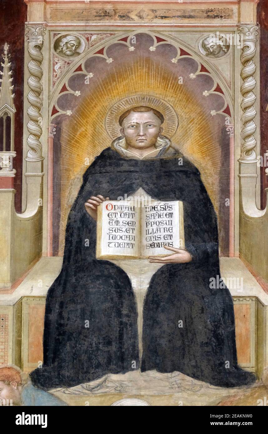 San Tommaso Aqinas, particolare del Trionfo di San Tommaso d'Aquino, affresco di Andrea di Buonaiuto, Cappella Spagnola di Santa Maria Novella principale Chiesa Domenicana a Firenze Foto Stock