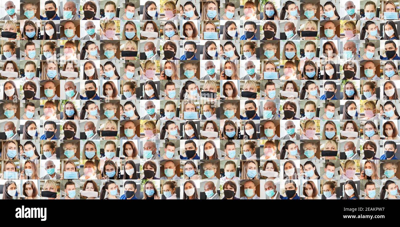 Panorama ritratto collage di persone con maschere viso in tutti i giorni Vita durante la pandemia di Covid-19 Foto Stock