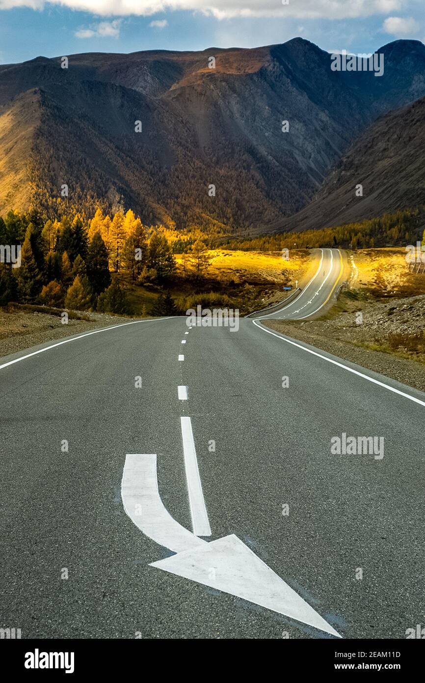 Strada asfaltata per le montagne. Pista di montagna su Altai. Foto Stock