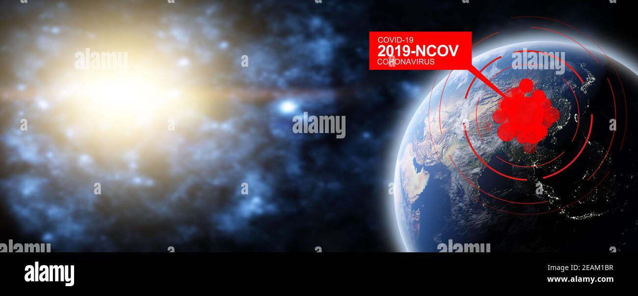 Focolaio di coravirus del Covid-19 globale. Illustrazione 3D. Elementi di questa immagine forniti dalla NASA. Foto Stock