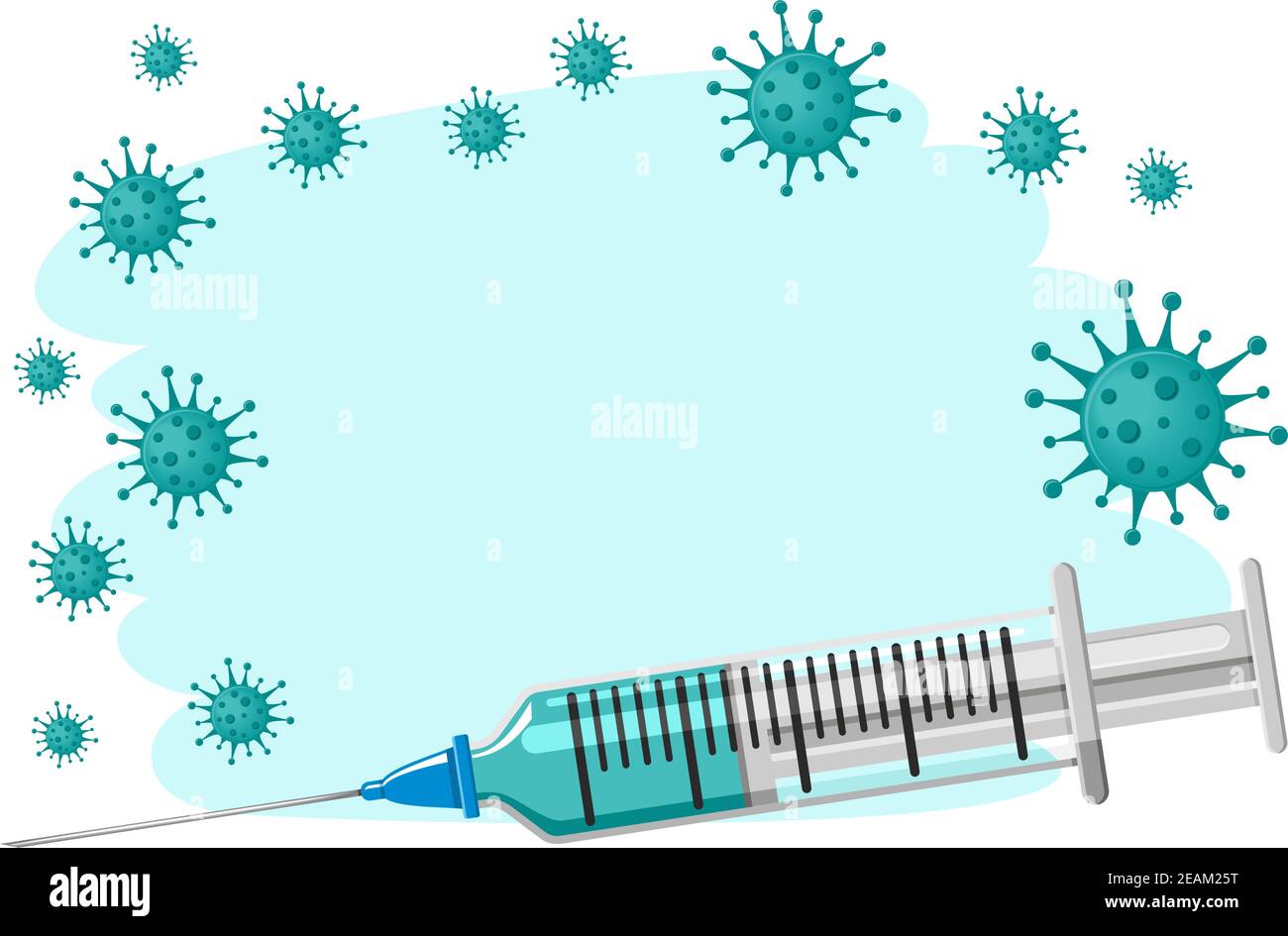 Concetto di modello di protezione antivirus. Tempo di vaccinare. Disegno realistico di una siringa con il vaccino, i batteri del coronavirus e il vostro spazio di testo della copia. Piatto Illustrazione Vettoriale