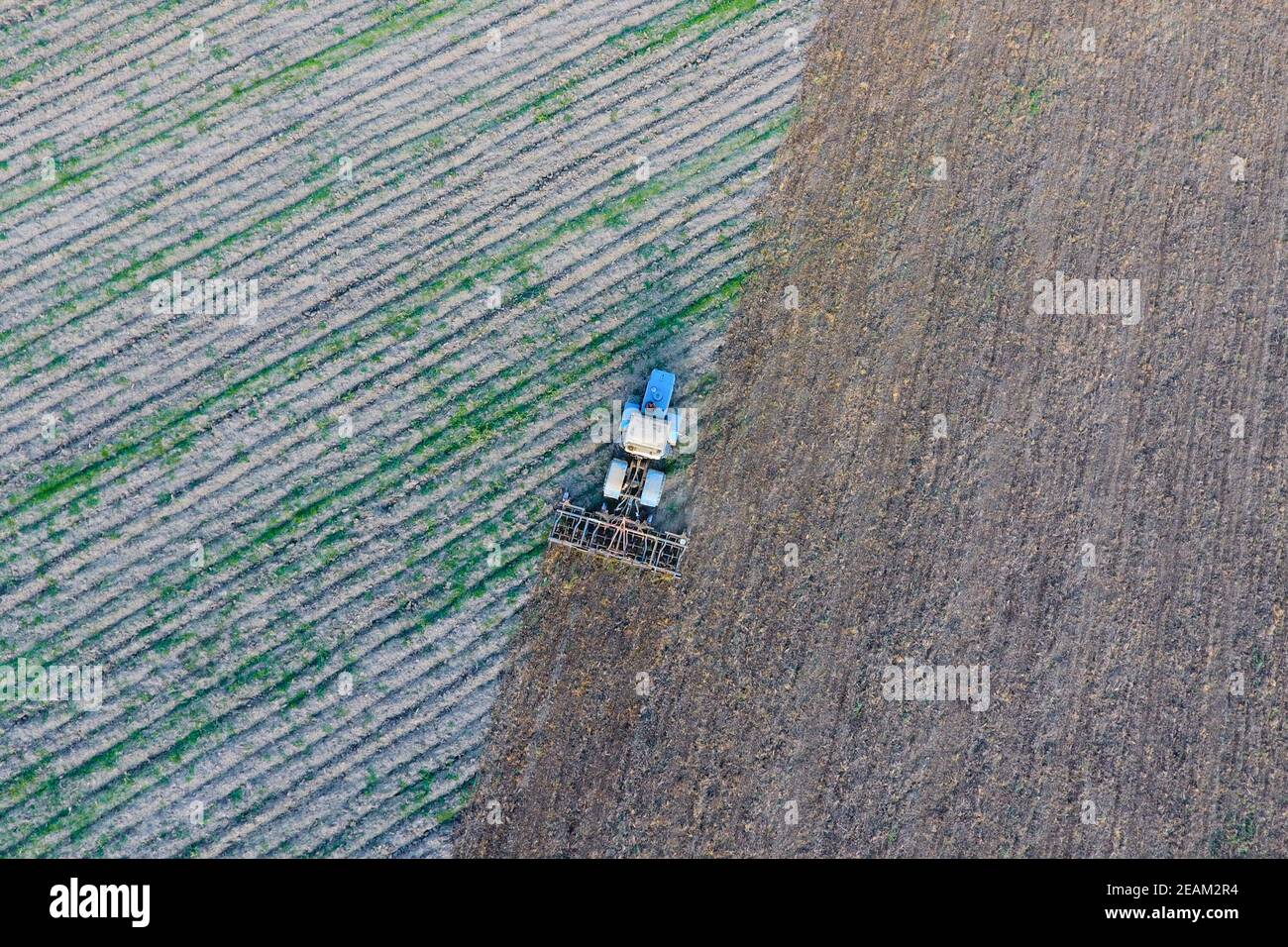 Vista dall'alto del trattore che aratura il campo. Dissodamento del terreno. Coltivazioni di suolo dopo raccolto Foto Stock