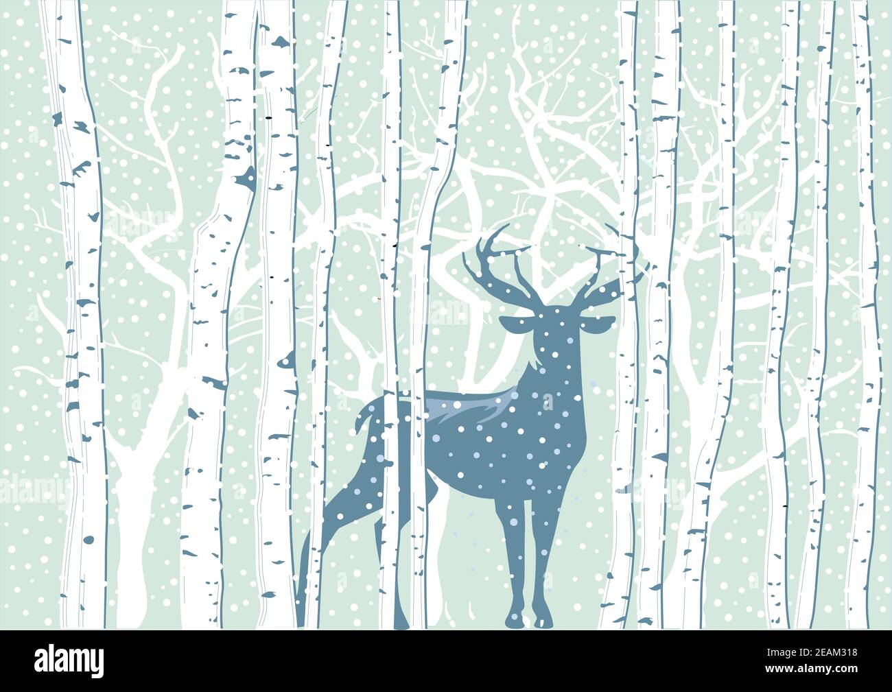 Cervi nel paesaggio invernale con fiocchi di neve Foto Stock