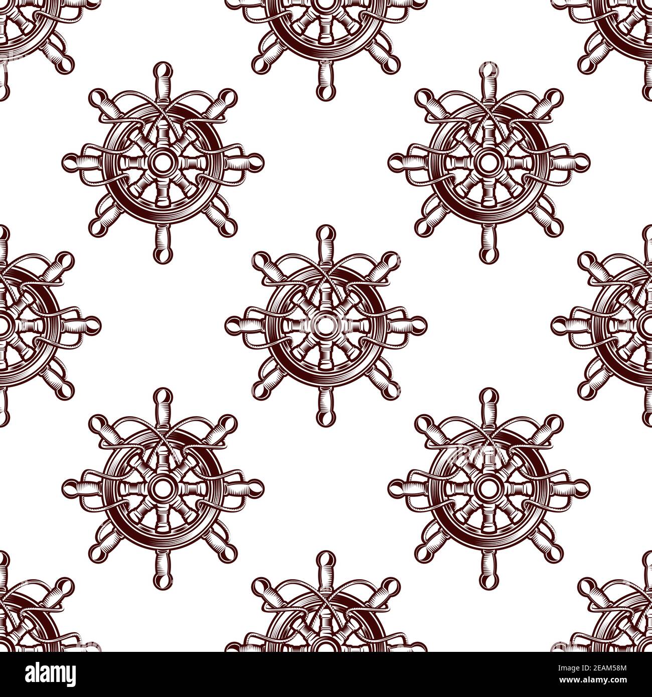 Modello senza cuciture di una ruota di navi vecchio stile con raggi radiali in un marrone e bianco ripetere il motivo in formato quadrato Illustrazione Vettoriale