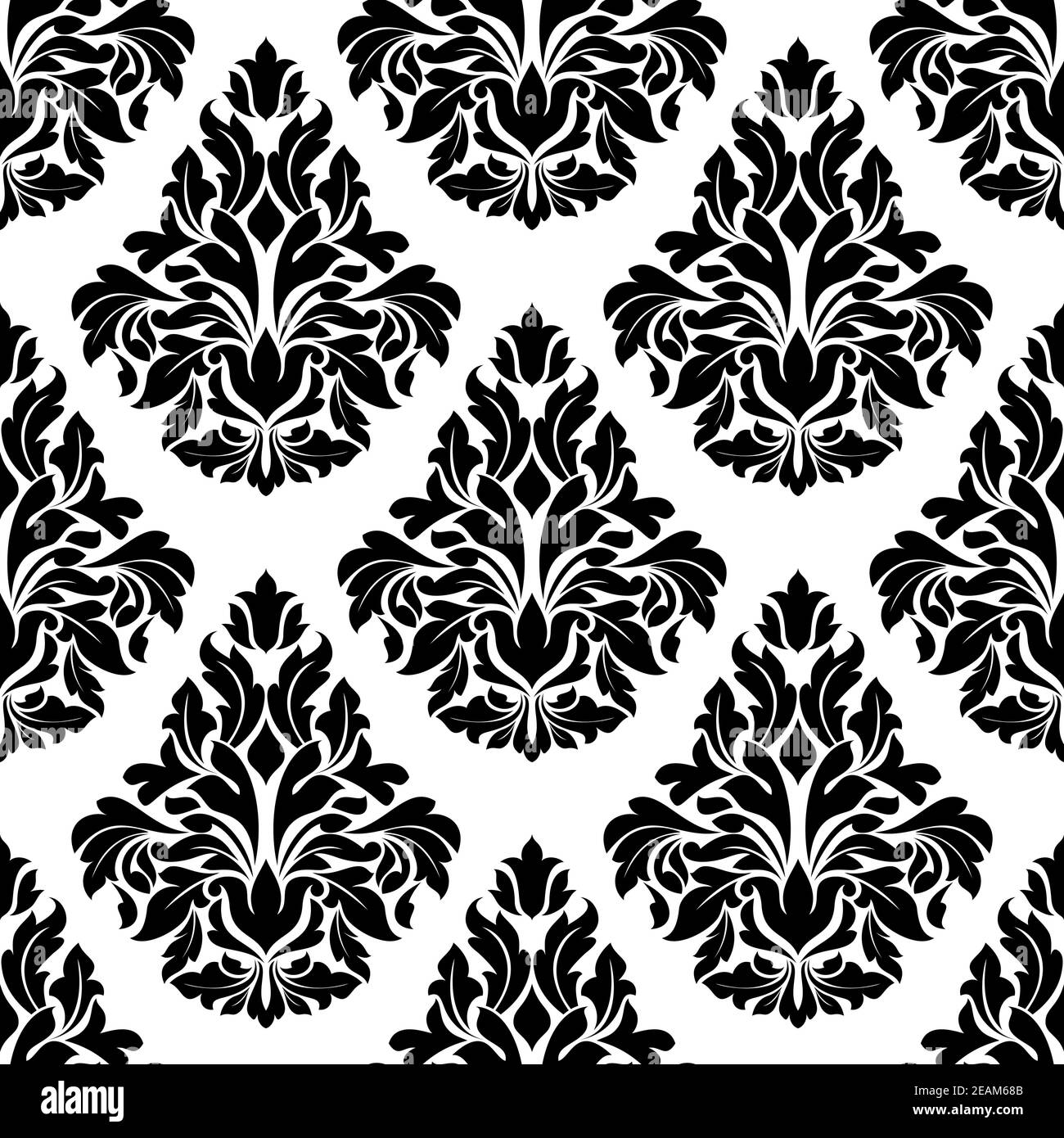 Intricato design arabesco in bianco e nero con una grande ripetizione motivo fogliare in un modello affollato senza cuciture adatto per damasco stile tessuto e carta da parati Illustrazione Vettoriale