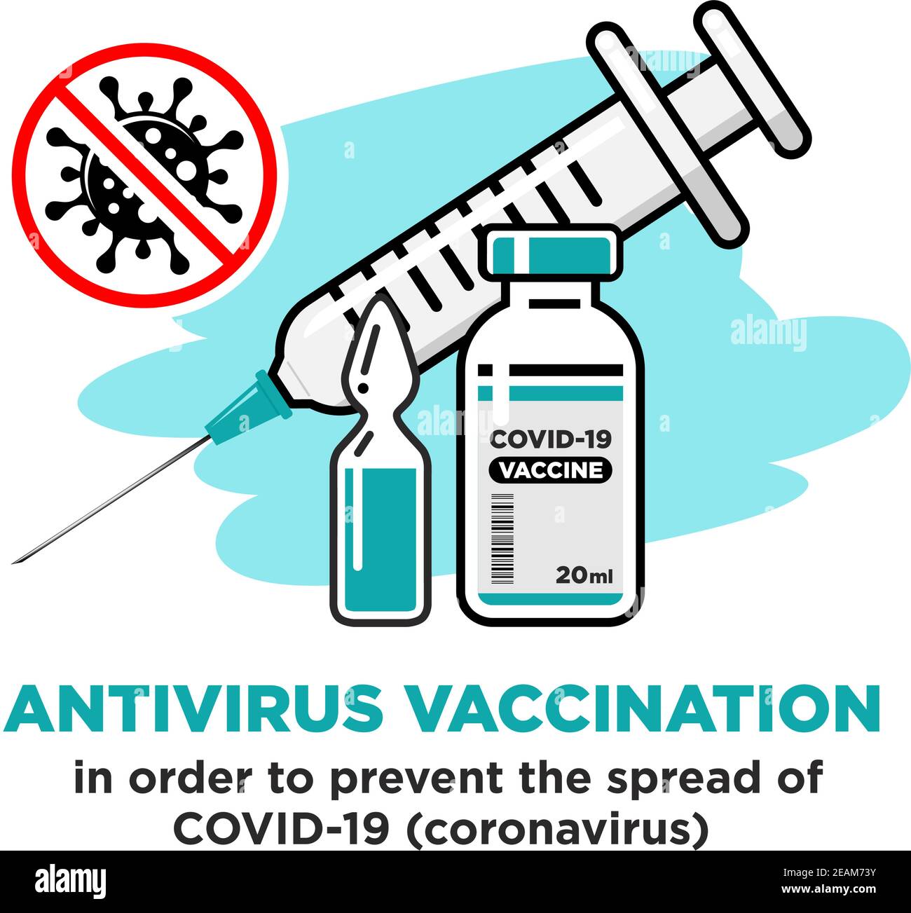 COVID-19 concetto di vaccinazione globale. Siringa medica con ago, flacone e flacone con il farmaco, segnale di avvertimento Stop coronavirus. Vettore su trasparente Illustrazione Vettoriale