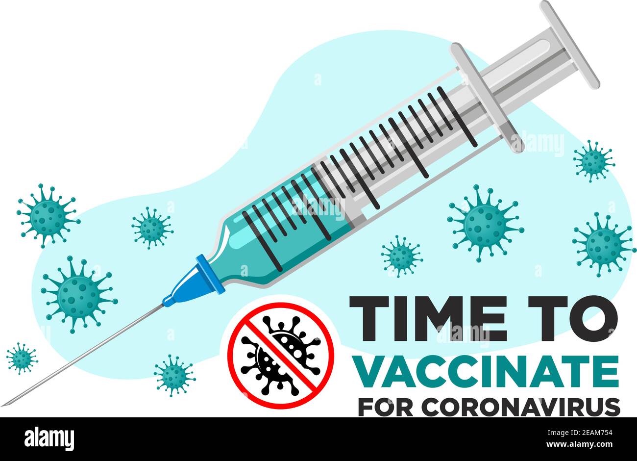 Concetto di protezione antivirus. Tempo di vaccinare. Disegno realistico di una siringa con un vaccino e batteri del coronavirus. Design piatto, vettoriale Illustrazione Vettoriale