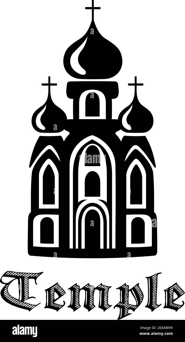 Icona del tempio con silhouette in bianco e nero e con la parte anteriore facciata dell'edificio con tre cupole a cipolla e la Testo - Tempio - sotto Illustrazione Vettoriale
