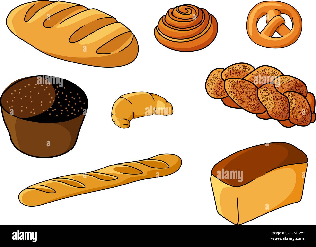 Set di prodotti da forno a base di cartone fresco assortito con baguette croccante, pasticceria danese, pretzel, muffin, croissant, pane laccato, pane bianco e rotolo, illust vettoriale Illustrazione Vettoriale