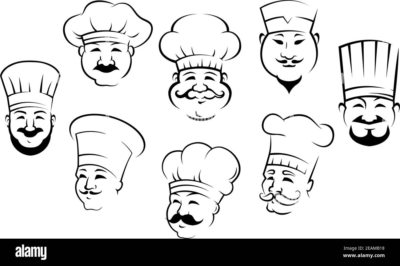 Set di bozzetti in bianco e nero con contorni sorridenti chef o cuoce teste che indossano i loro toques tradizionali Illustrazione Vettoriale