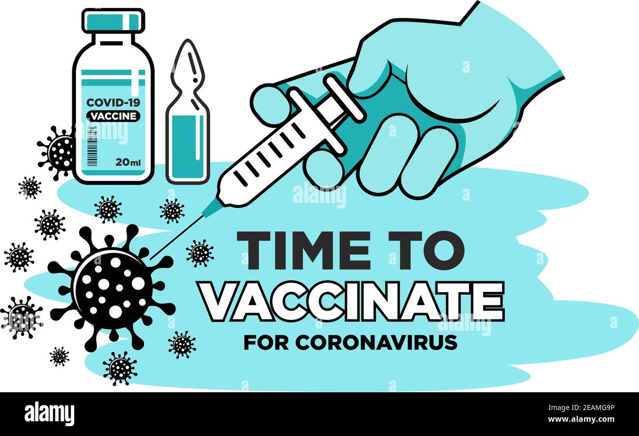 La mano del medico o dell'infermiere in guanto medico fa il vaccino contro il coronavirus. Flacone e flaconcino contenente farmaco per COVID-19. È il momento di vaccinare il poster o. Illustrazione Vettoriale