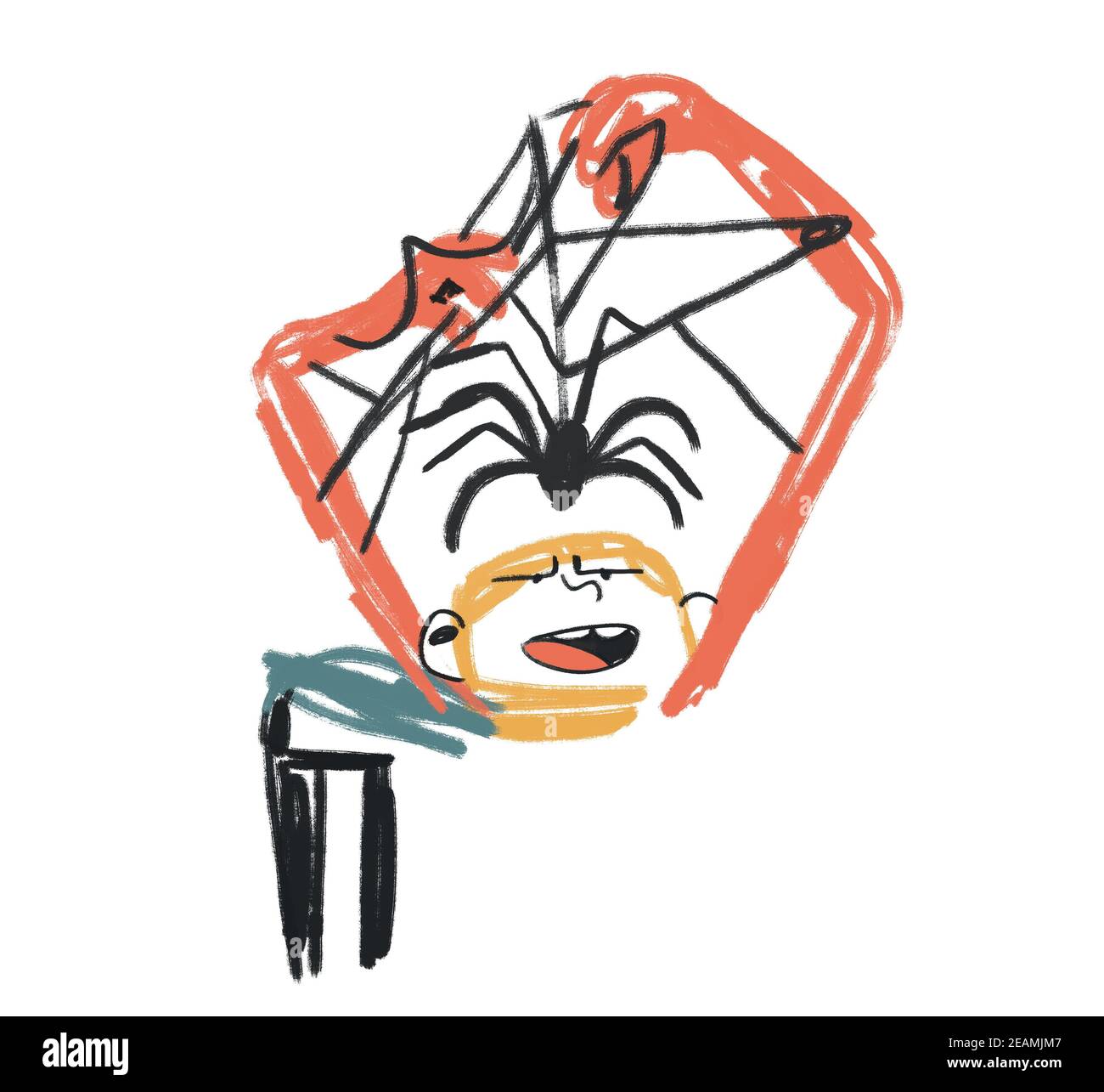 I bambini giocano con Spider per Halloween. Illustrazione di spooky. Isolato su illustrazione bianca e disegnata a mano. Foto Stock