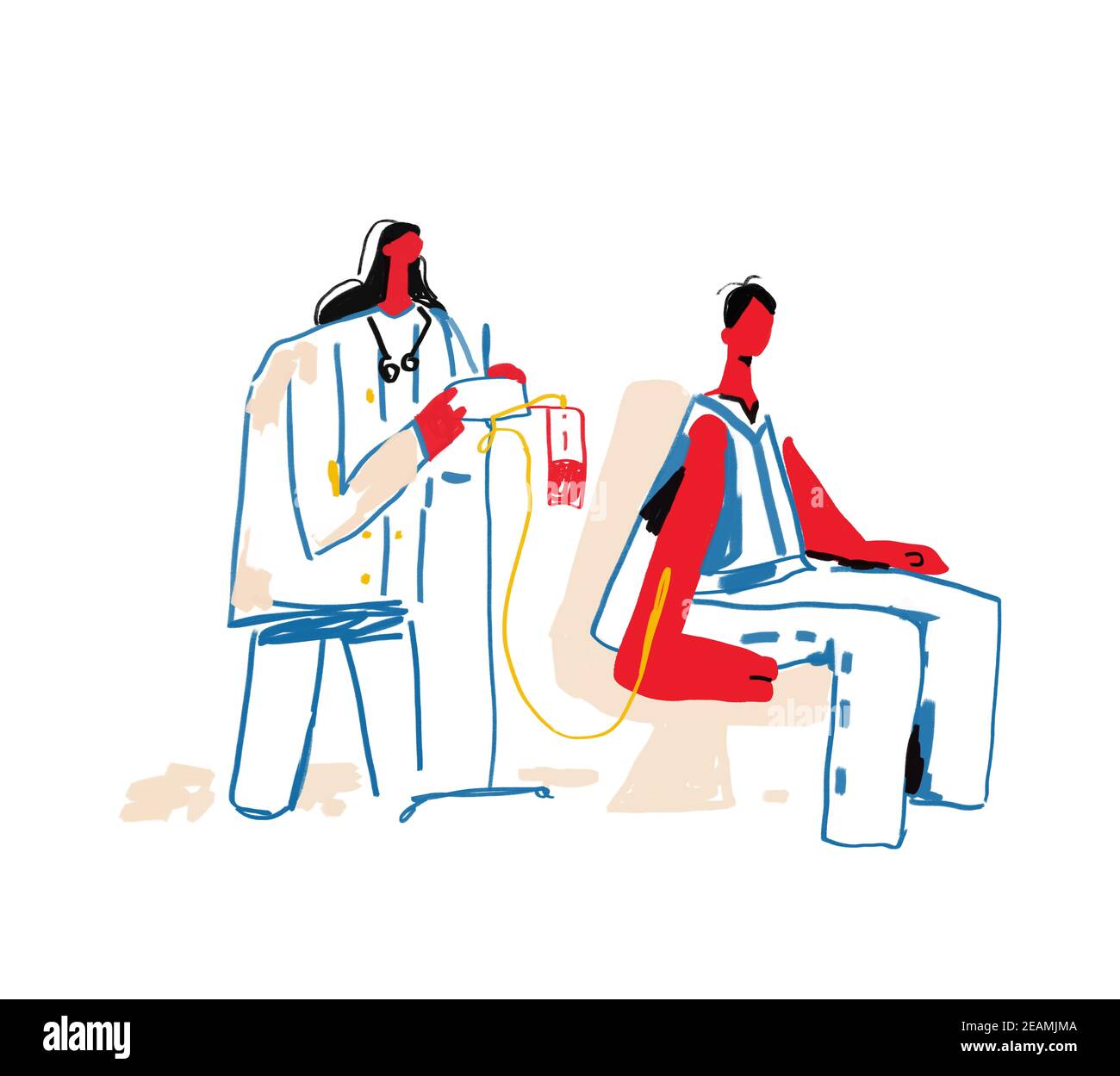 Personaggi volontari seduti in Medical Hospital Chairs. Donare sangue. Medico infermiere prenderlo in fiasche di prova, donazione, Giornata Mondiale del donatore di sangue, Salute. Vectors ART con colore primario. Disegnato a mano Foto Stock