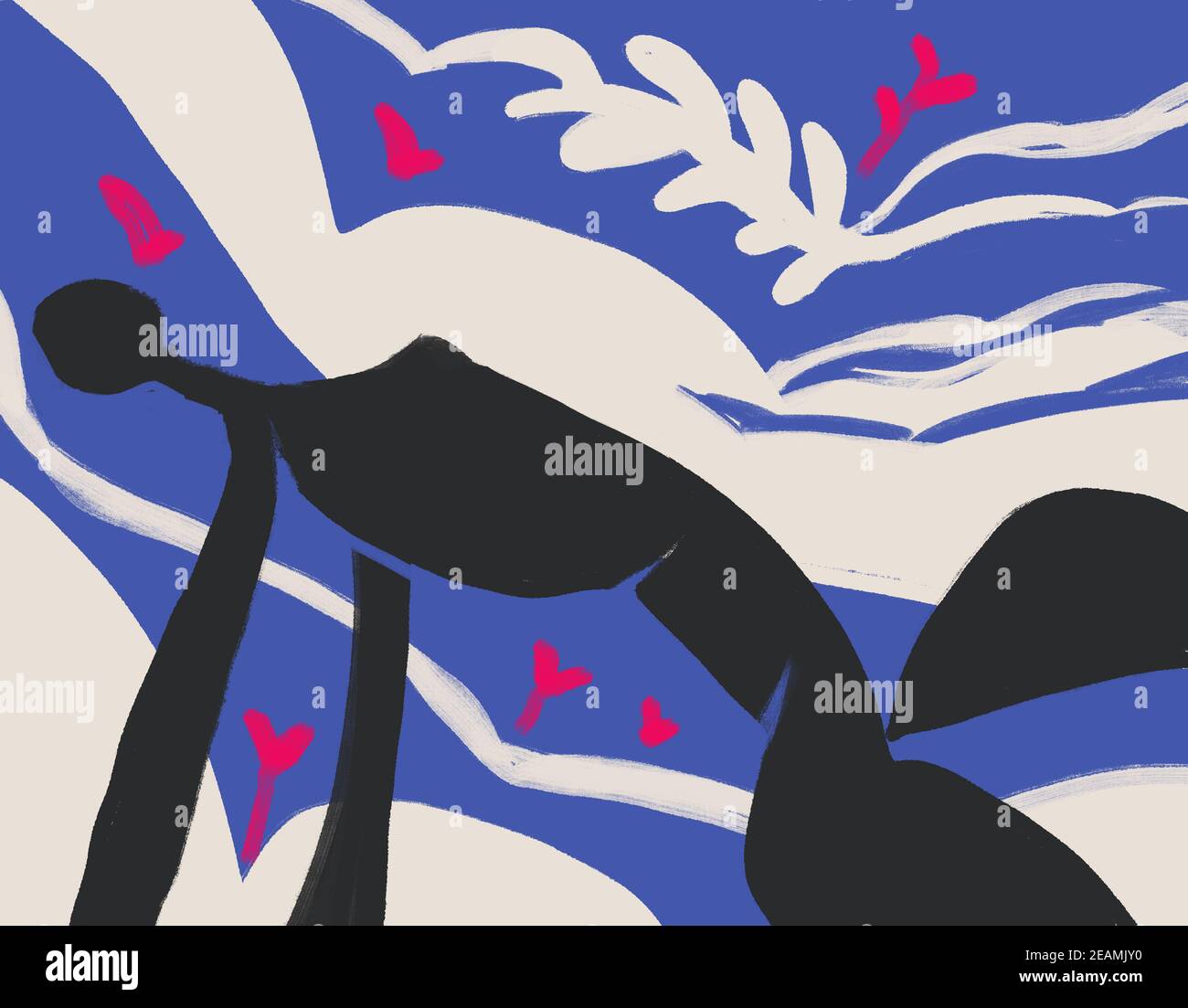 Donna Silhouette corpo nero su sfondo blu e bianco. Pittura espressionista e matisse con pianta e fiore. Arte per stampa e poster Foto Stock