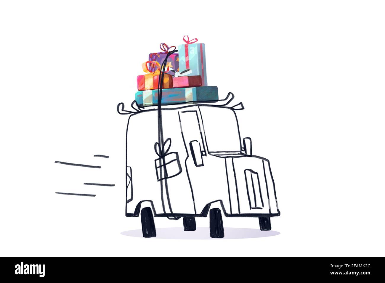 Consegna camion regalo di Natale. Linea di disegno con regalo a colori. Clip art per annunci isolati su bianco Foto Stock