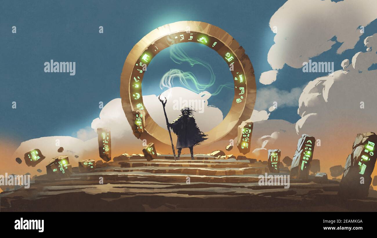Il mago tiene la sua bacchetta in piedi al cancello circolare, stile di arte digitale, pittura di illustrazione Foto Stock