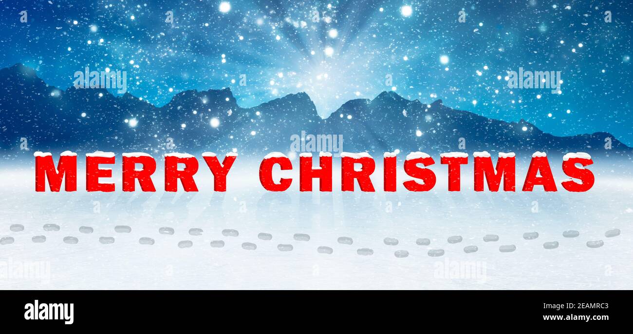 biglietto di auguri di natale con la scritta buon natale in un paesaggio invernale Foto Stock