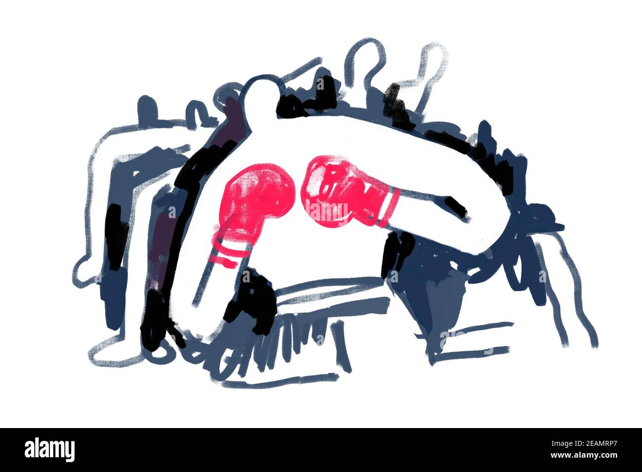 Boxer illustrazione caccia concetto. Illustrazione della pittura ruvida e Graffiti moderna. Vernice con linea in grassetto rossa e blu su bianco. Per Stampa e Poster Foto Stock