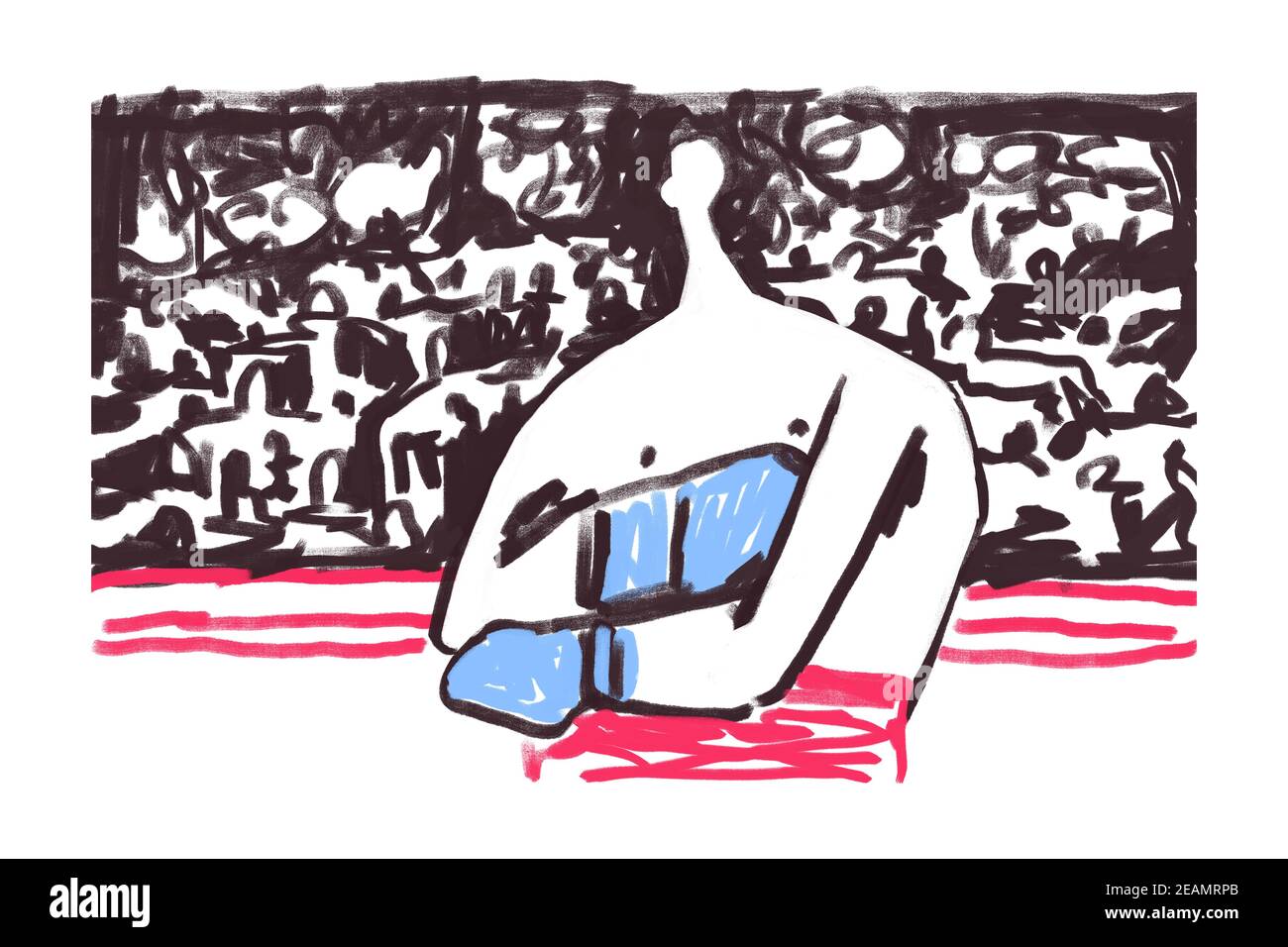 Illustrazione di Boxer nell'anello con molta gente intorno lui. Illustrazione della pittura ruvida e Graffiti moderna. Vernice con linea nera in grassetto con rosso e blu su bianco. Per Stampa e Poster Foto Stock