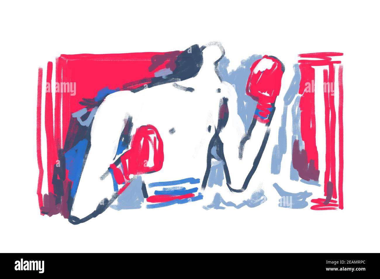 Illustrazione Boxer pronta a combattere. Illustrazione della pittura ruvida e Graffiti moderna. Vernice con linee in grassetto rosso e blu. Per Stampa e Poster Foto Stock