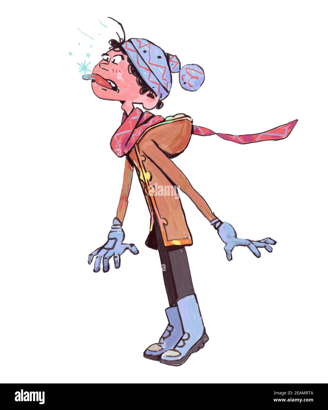 Divertente ragazzo leccarsi una neve fredda. Clipart di carattere isolato su bianco. Illustrazione di pittura per il biglietto di natale o commerciale. Vestitevi con un panno invernale per giocare all'esterno. Foto Stock