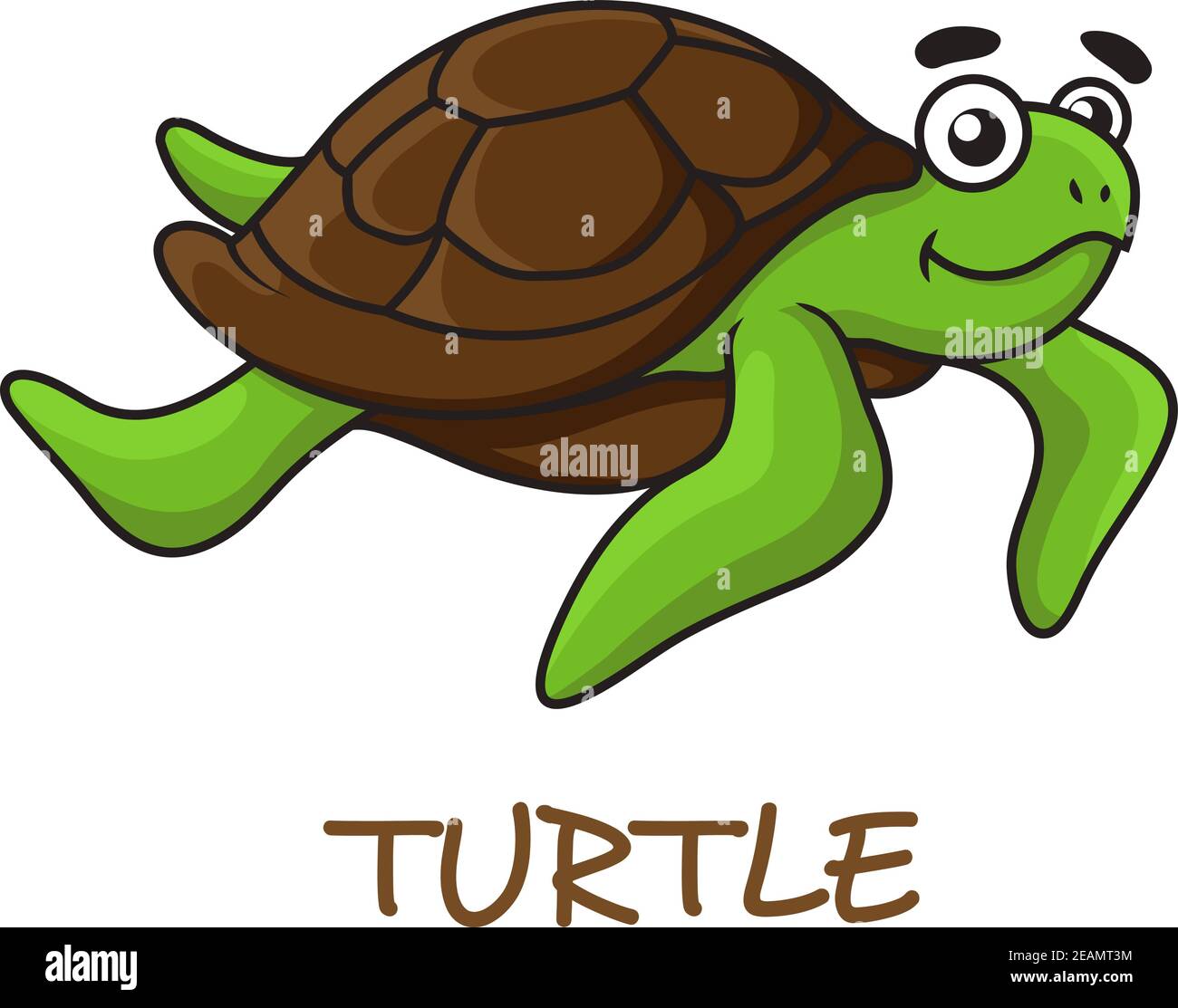 Carino tartaruga verde felice con guscio marrone in stile cartone animato isolato su bianco Illustrazione Vettoriale