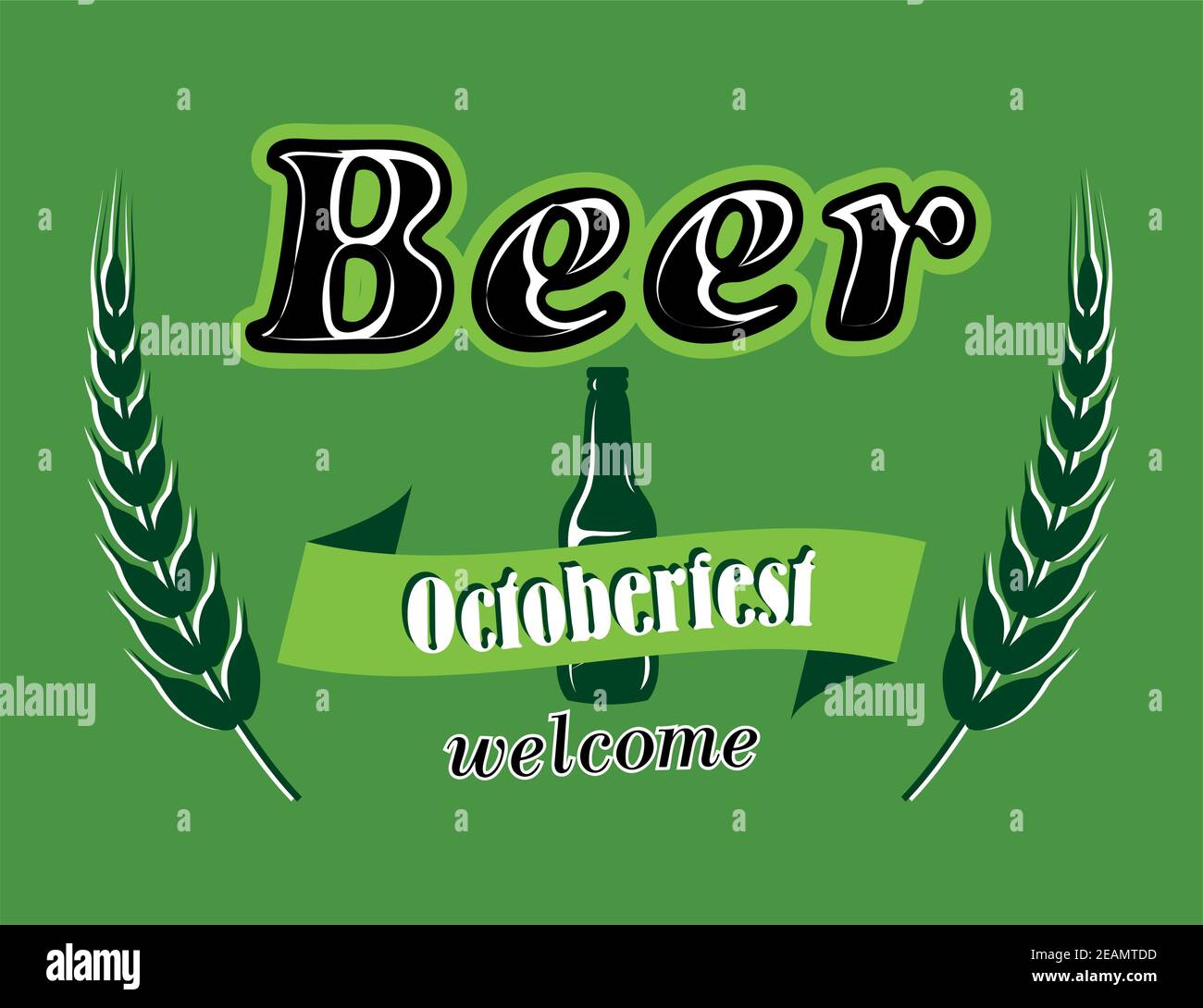 Banner per birra Oktoberfest con nastro in bottiglia e testo €" birra oktoberfest €". Colori verde scuro, bianco e nero Illustrazione Vettoriale