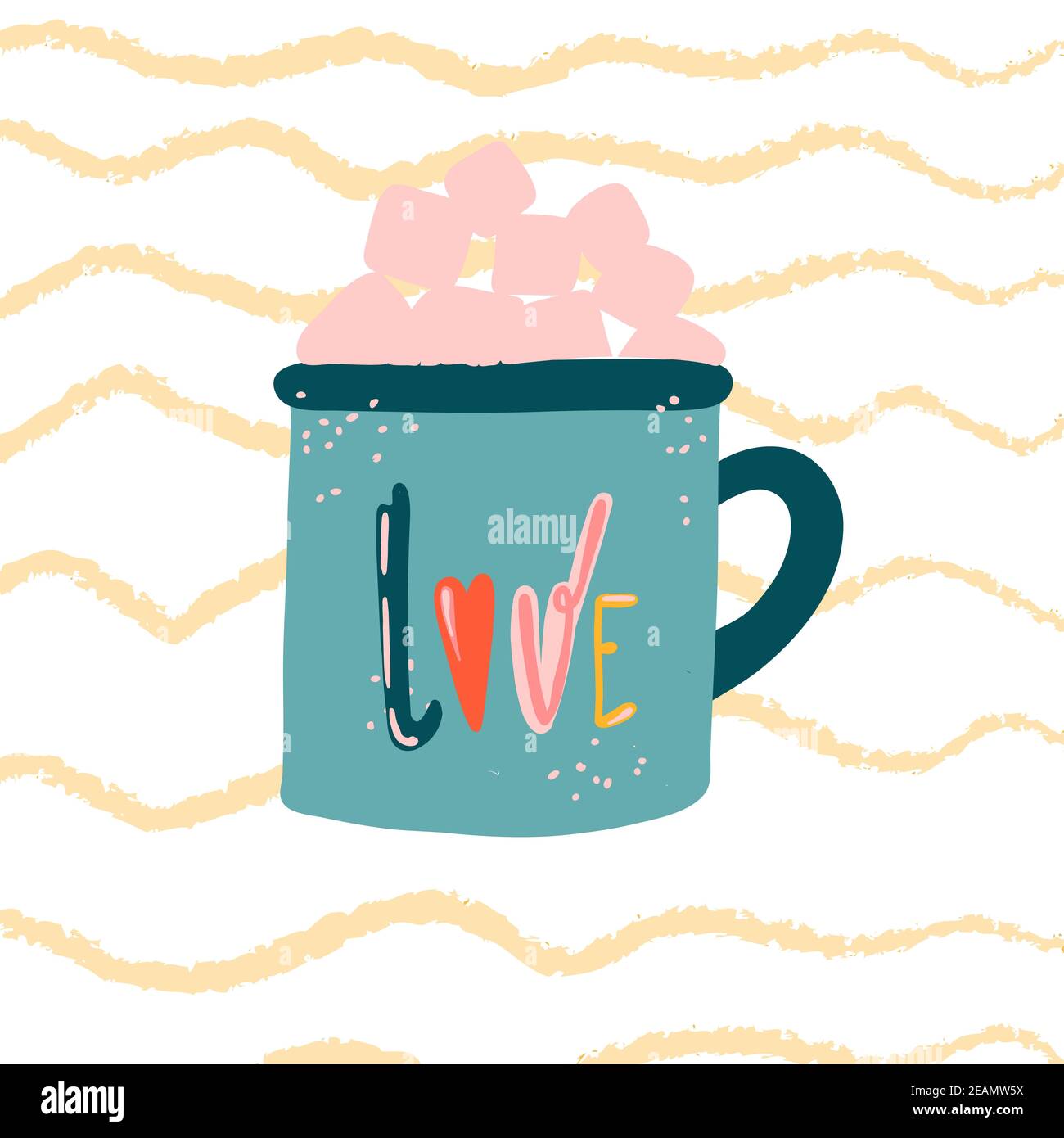 Scritta amor Cup in stile schizzo su sfondo bianco. Stampa di grafica vettoriale. Stile di disegno. Stile cartone animato. Vettore isolato. Testo vettoriale Foto Stock