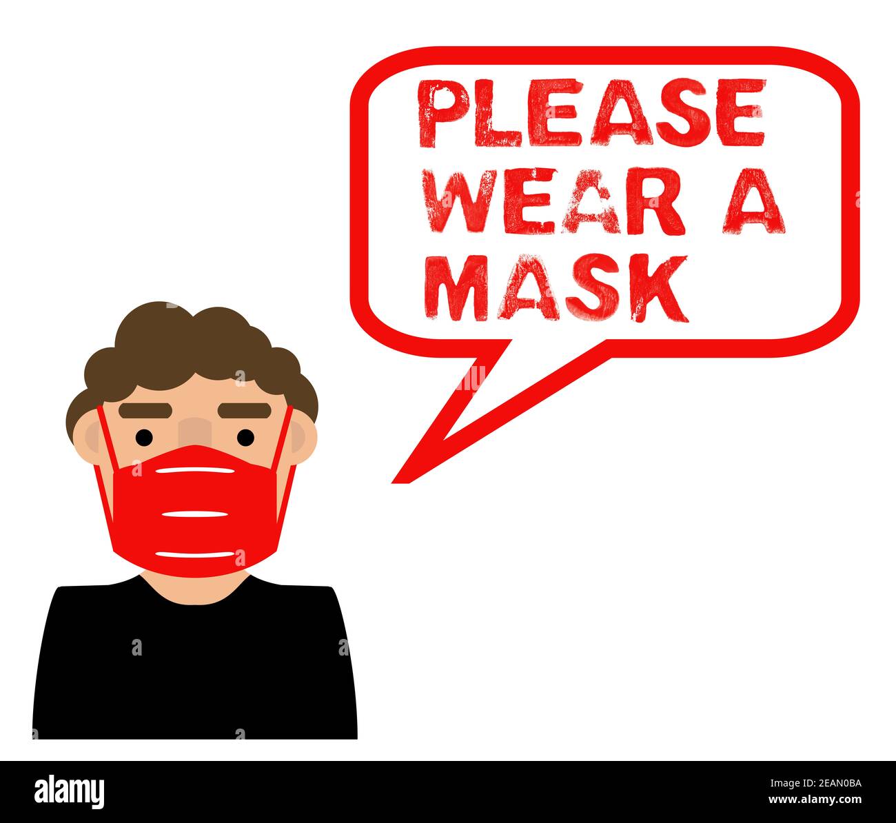 Illustrazione di un uomo che indossa una maschera di coronavirus rosso che dice: Si prega di indossare una maschera Foto Stock
