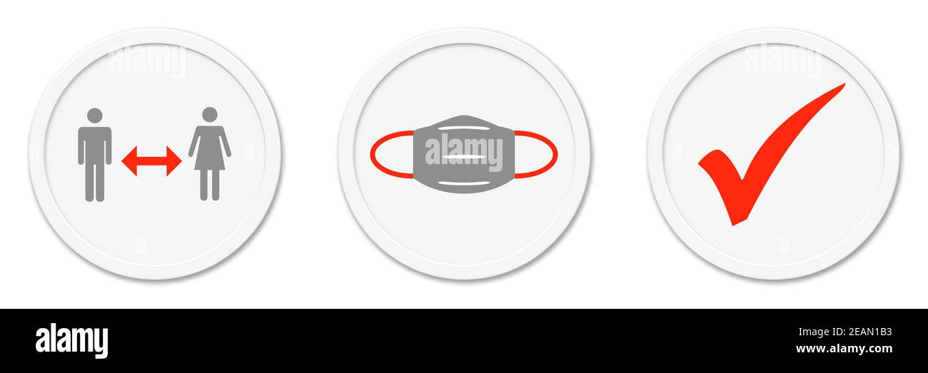 3 pulsanti rotondi che mostrano la distanza tra le persone, la maschera facciale e il segno di spunta rosso Foto Stock
