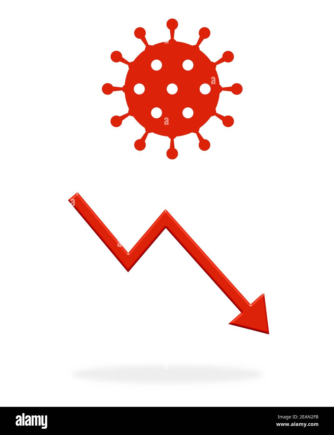 Il simbolo del coronavirus e la freccia rossa che appare verso il basso Foto Stock