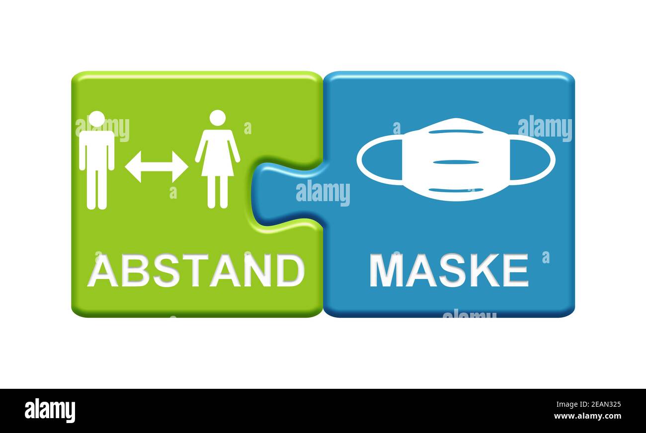 Distanza e maschera facciale sui pulsanti verdi blu in tedesco Lingua - Illustrazione 3D Foto Stock