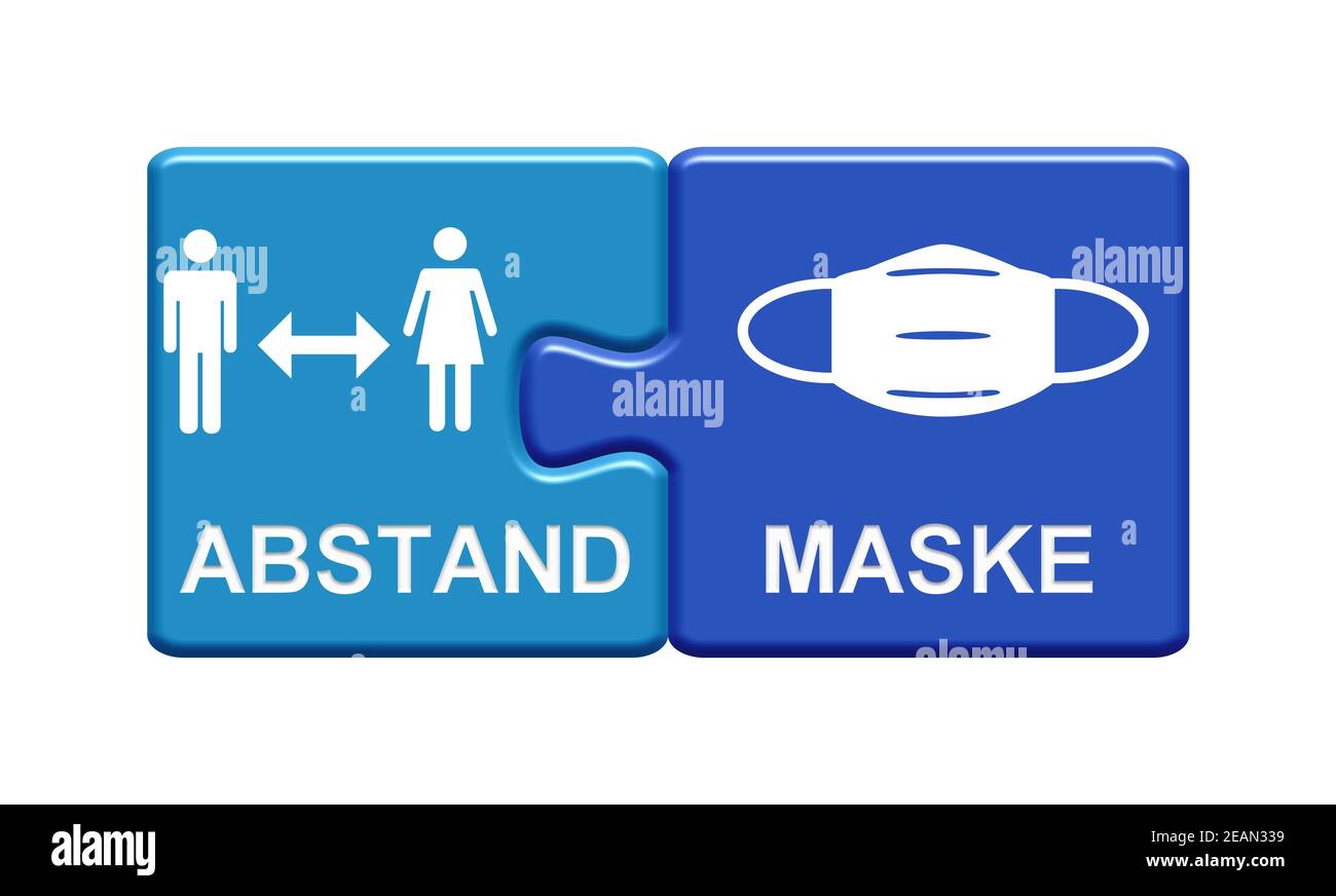 Distanza e maschera facciale sui pulsanti blu in lingua tedesca - Illustrazione 3D Foto Stock