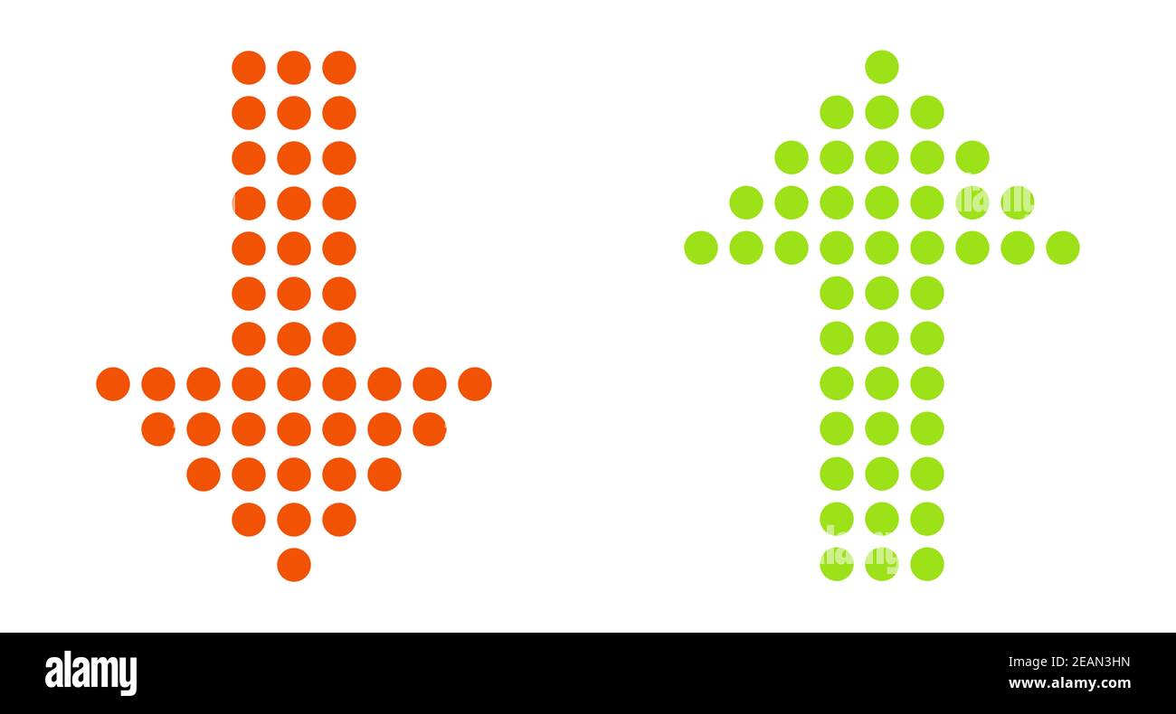 Le frecce verdi e rosse sono costituite da punti che mostrano e. giù Foto Stock