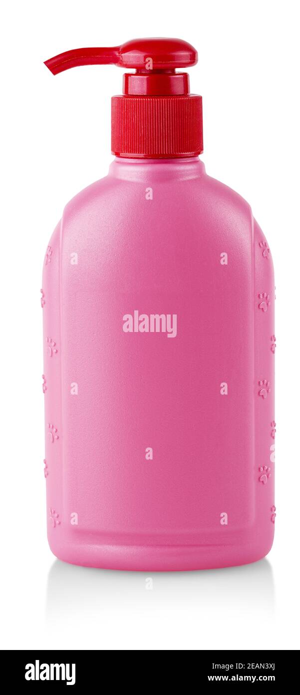 Shampoo gatto bottiglia rossa isolato su sfondo bianco Foto Stock